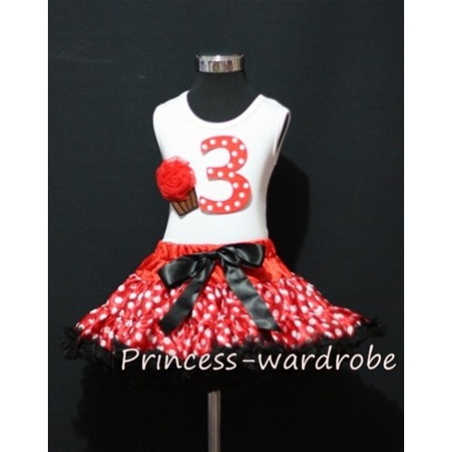 White Tank Top & 3rd Birthday Red White Polka Dots Print number and Red Rosettes Cupcake with Minnie Red White Polka Dots Pettiskirt MM06 