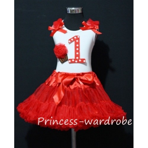 White Tank Top & 1st Birthday Red White Polka Dots Print number & Red Rosettes Cupcake & Red Ruffles & Red Ribbon with Red Pettiskirt MM07 