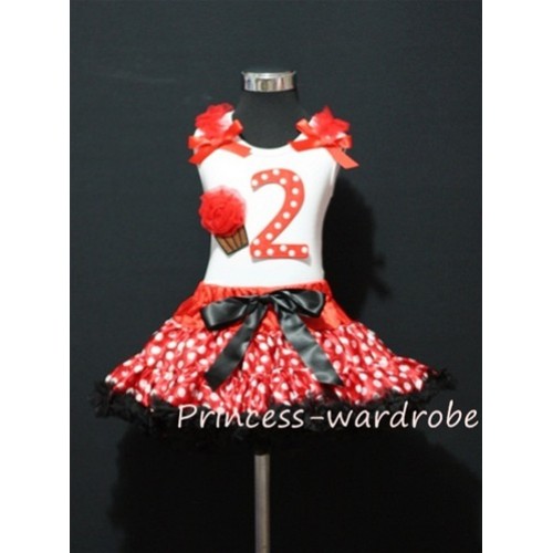 White Tank Top & 2nd Birthday Red White Polka Dots Print number & Red Rosettes Cupcake & Red Ruffles & Red Ribbon with Minnie Red White Polka Dots Pettiskirt MM10 