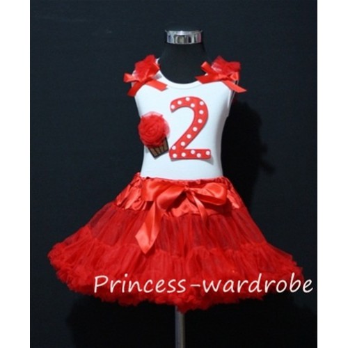 White Tank Top & 2nd Birthday Red White Polka Dots Print number & Red Rosettes Cupcake & Red Ruffles & Red Ribbon with Red Pettiskirt MM09 