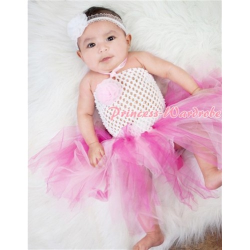 White Crochet Tube Top with Hot Light Pink Knotted Tutu HT20 
