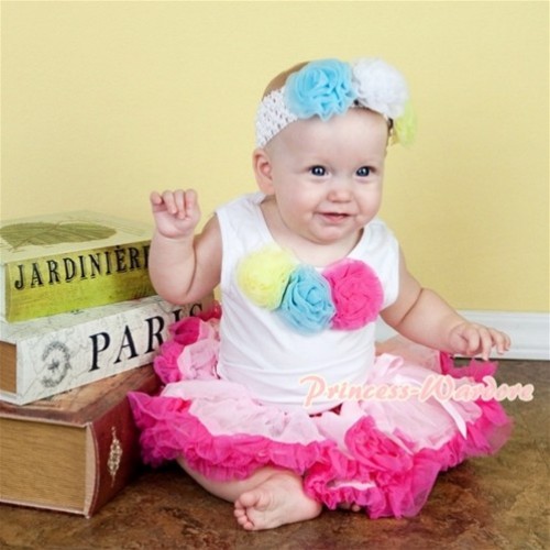 White Baby Pettitop & Yellow Light Blue Hot Pink Rosettes with Light Hot Pink Pettiskirt NG531 