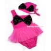 Hot Pink Black Sequin Cute Bow One Piece Sloping Shoulders Swimming Suit with Cap SW68 