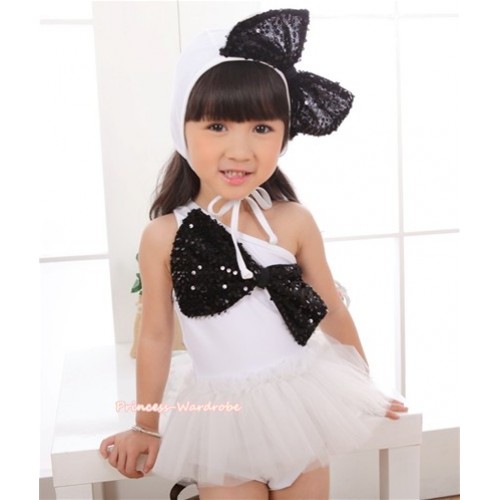Pure White Black Sequin Cute Bow One Piece Sloping Shoulders Swimming Suit with Cap SW69 