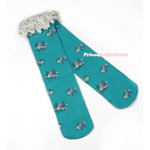 Aqua Blue Little Floral Print  Lace Lacing Cotton Knee Stocking Sock SK88 