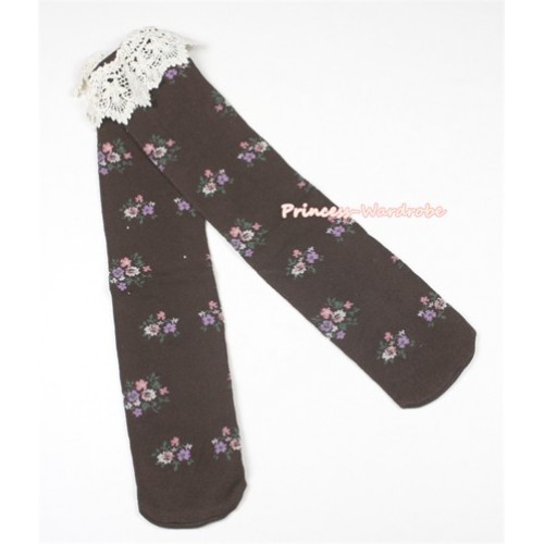 Brown Little Floral Print  Lace Lacing Cotton Knee Stocking Sock SK90 