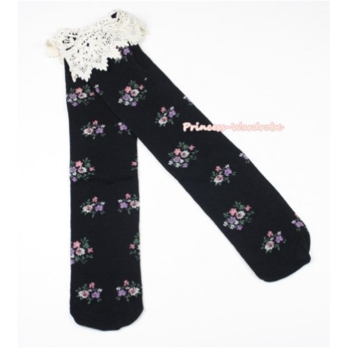 Black Little Floral Print Lace Lacing Cotton Knee Stocking Sock SK91 