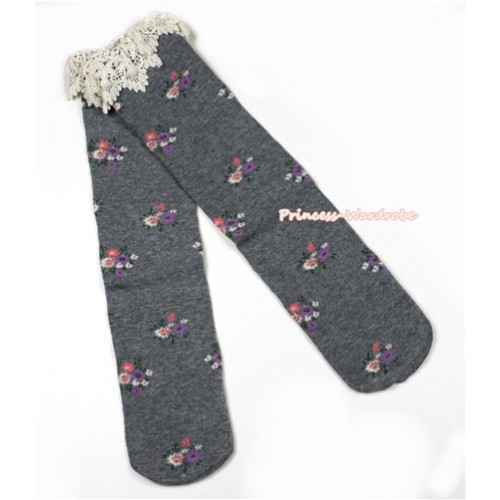 Grey Little Floral Print Lace Lacing Cotton Knee Stocking Sock SK92 