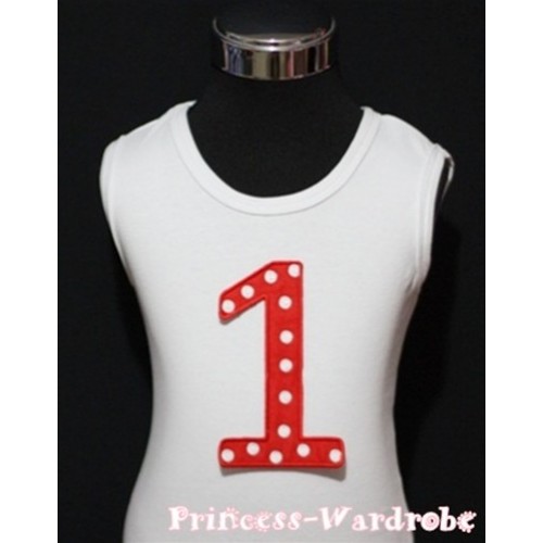 1st Birthday White Tank Top with Red White Polka Dots Print number TM01 