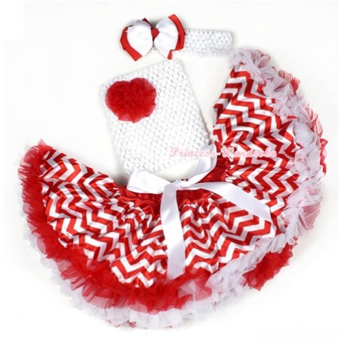 Xmas Hot Red White Wave Baby Pettiskirt,Red Rose White Crochet Tube Top,White Headband White Red Ribbon Bow 3PC Set CT592 