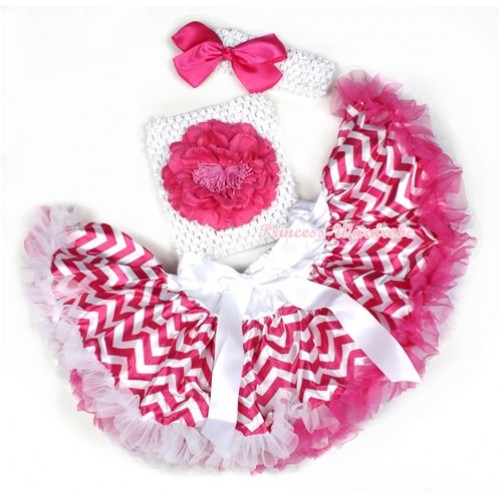 Hot Pink White Wave Baby Pettiskirt,Hot Pink Peony White Crochet Tube Top,White Headband Hot Pink Silk Bow 3PC Set CT595 
