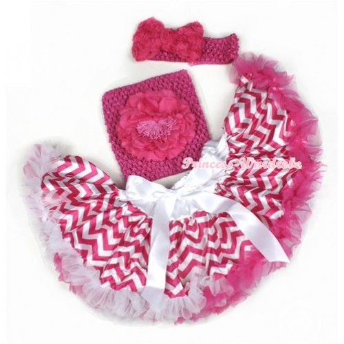 Hot Pink White Wave Baby Pettiskirt,Hot Pink Peony Hot Pink Crochet Tube Top,Hot Pink Headband Hot Pink Romantic Rose Bow 3PC Set CT596 