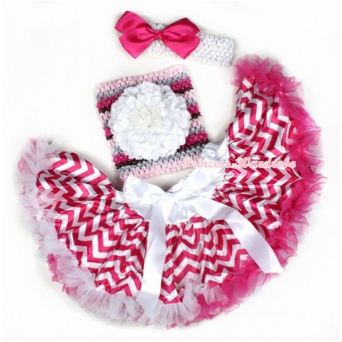 Hot Pink White Wave Baby Pettiskirt,White Peony Hot Pink Rainbow Striped Crochet Tube Top,White Headband Hot Pink Silk Bow 3PC Set CT597 