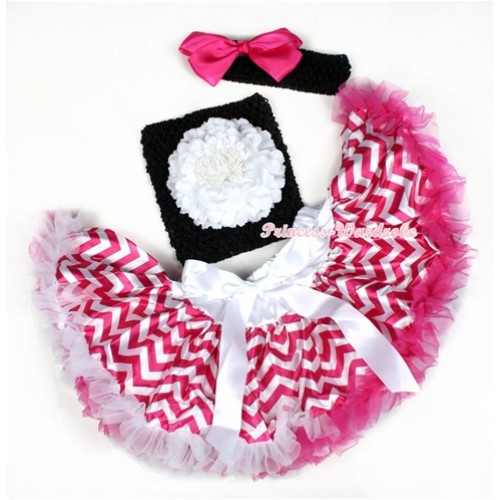 Hot Pink White Wave Baby Pettiskirt,White Peony Black Crochet Tube Top,Black Headband Hot Pink Silk Bow 3PC Set CT598 