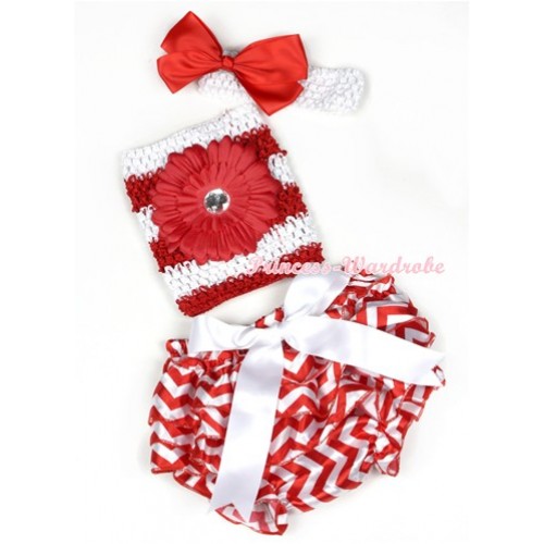 White Big Bow Xmas Hot Red White Wave Satin Bloomer ,Red Flower Red White Striped Crochet Tube Top,White Headband Red Silk Bow 3PC Set CT609 