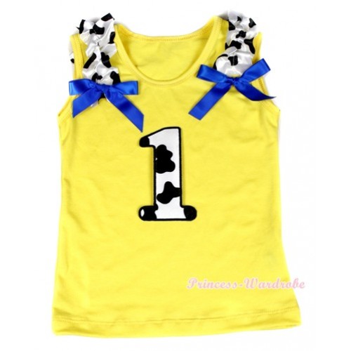 Yellow Tank Top With 1st Milk Cow Birthday Number Print with Milk Cow Ruffles & Royal Blue Bow TN211 