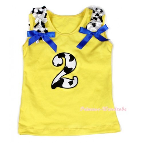 Yellow Tank Top With 2nd Milk Cow Birthday Number Print with Milk Cow Ruffles & Royal Blue Bow TN212 