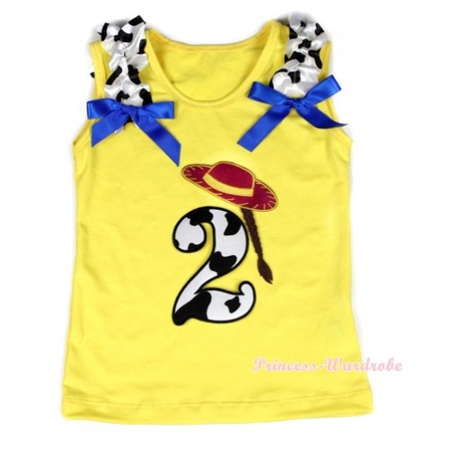 Yellow Tank Top With 2nd Cowgirl Hat Braid Milk Cow Birthday Number Print with Milk Cow Ruffles & Royal Blue Bow TN218 