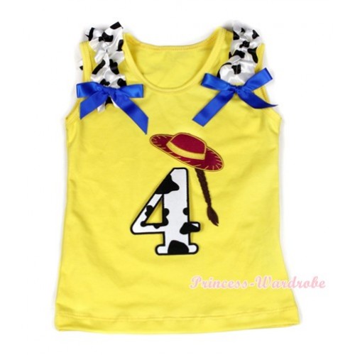 Yellow Tank Top With 4th Cowgirl Hat Braid Milk Cow Birthday Number Print with Milk Cow Ruffles & Royal Blue Bow TN220 