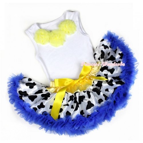White Baby Pettitop with Yellow Rosettes with Yellow Royal Blue Milk Cow Newborn Pettiskirt NG1212 