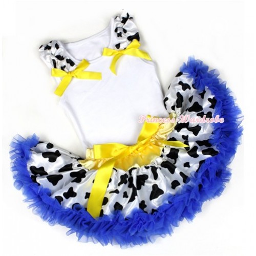 White Baby Pettitop With Milk Cow Ruffles & Yellow Bows with Yellow Royal Blue Milk Cow Newborn Pettiskirt NG1214 