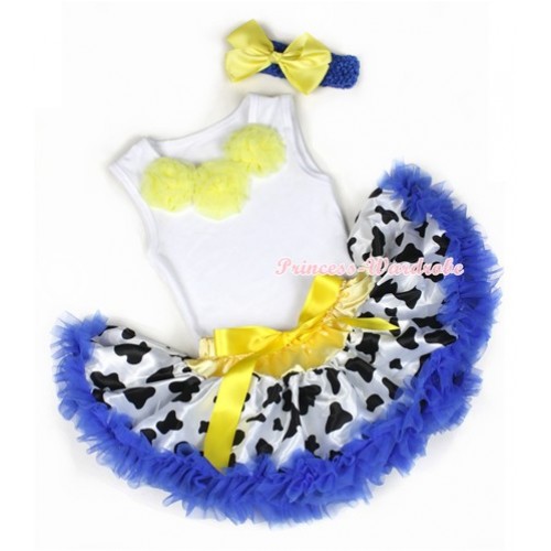 White Baby Pettitop with Yellow Rosettes with Yellow Royal Blue Milk Cow Newborn Pettiskirt & Royal Blue Headband Yellow Silk Bow 3PC Set NG1215 