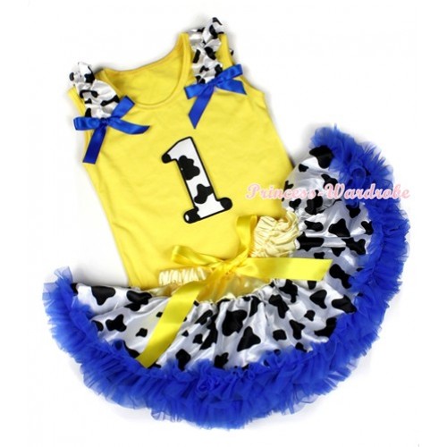 Yellow Baby Pettitop with 1st Milk Cow Birthday Number Print with Milk Cow Ruffles & Royal Blue Bow with Yellow Royal Blue Milk Cow Newborn Pettiskirt BG80 