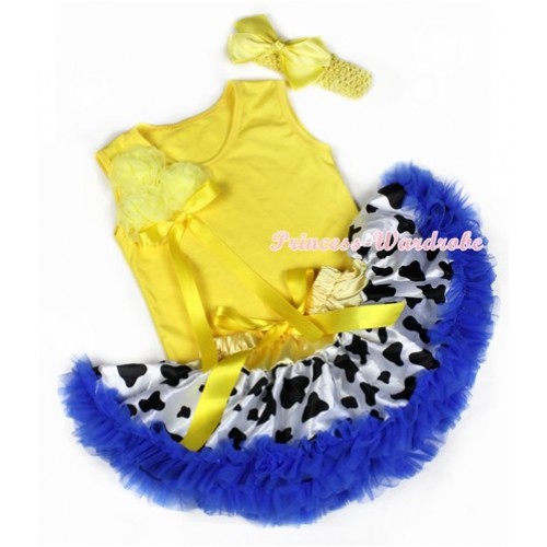 Yellow Baby Pettitop with Bunch of Yellow Rosettes & Yellow Bow with Yellow Royal Blue Milk Cow Newborn Pettiskirt & Yellow Headband Yellow Silk Bow 3PC Set BG82 