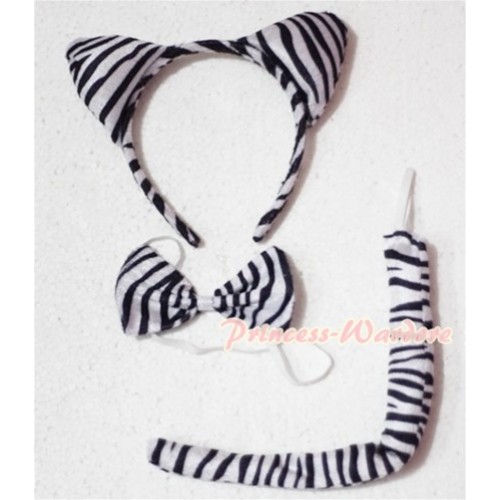 Wild Black Zebra 3 Piece Set in Headband, Tie, Tail PC004 