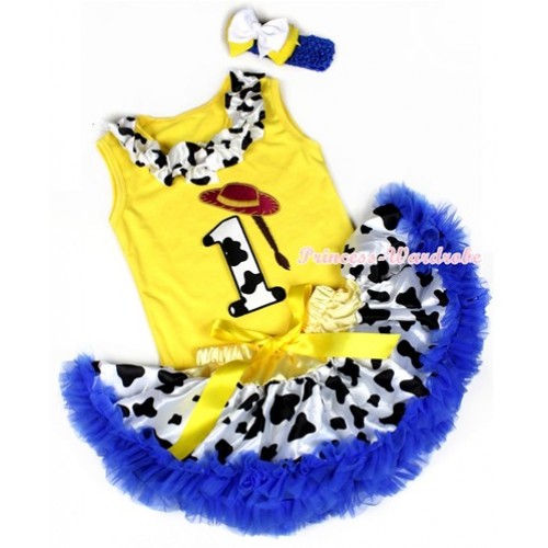 Yellow Baby Pettitop with 1st Cowgirl Hat Braid Milk Cow Birthday Number Print with Milk Cow Satin Lacing With Yellow Royal Blue Milk Cow Newborn Pettiskirt With Royal Blue Headband White Yellow Ribbon Bow BG88 