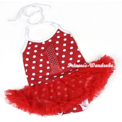 Minnie Polka Dots Baby Halter Jumpsuit Red Pettiskirt With 1st Sparkle Red Birthday Number Print JS1155 