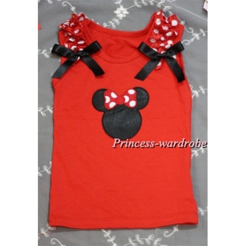 Minnie Print Red Tank Top with Minnie Ruffles and Black Bow T391 