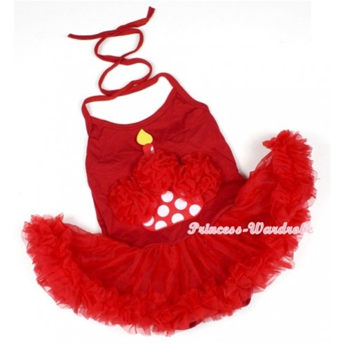 Hot Red Baby Halter Jumpsuit Red Pettiskirt With Red Rosettes Minnie Dots Birthday Cake Print JS1156 