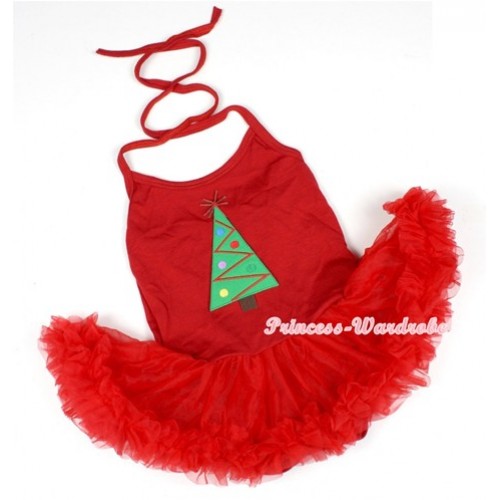Hot Red Baby Halter Jumpsuit Red Pettiskirt With Christmas Tree Print JS1160 