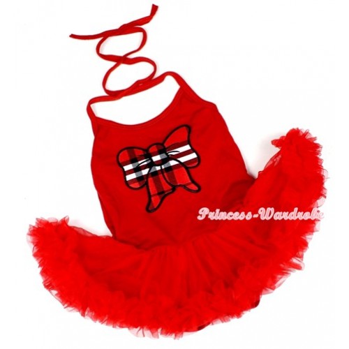 Hot Red Baby Halter Jumpsuit Red Pettiskirt With Red Black Checked Butterfly Print JS1163 