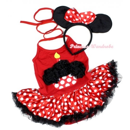 Hot Red Baby Halter Jumpsuit Minnie Polka Dots Pettiskirt With Black Rosettes Minnie Dots Birthday Number With Minnie Headband JS1218 