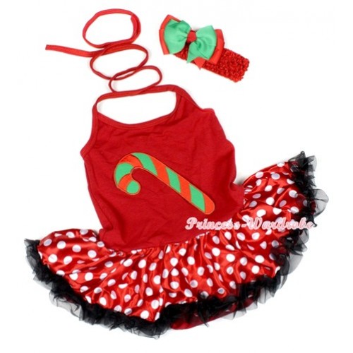 Hot Red Baby Halter Jumpsuit Minnie Polka Dots Pettiskirt With Christmas Stick Print With Red Headband Green Red Ribbon Bow JS1176 
