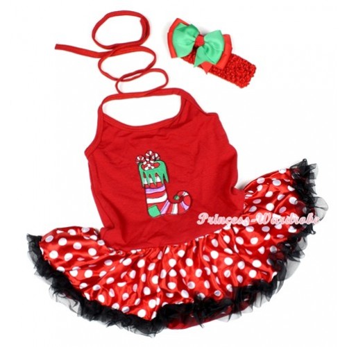 Hot Red Baby Halter Jumpsuit Minnie Polka Dots Pettiskirt With Christmas Stocking Print With Red Headband Green Red Ribbon Bow JS1177 