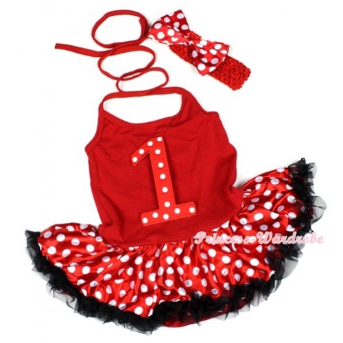 Hot Red Baby Halter Jumpsuit Minnie Polka Dots Pettiskirt With 1st Red White Polka Dots Birthday Number Print With Red Headband Minnie Polka Dots Satin Bow JS1182 