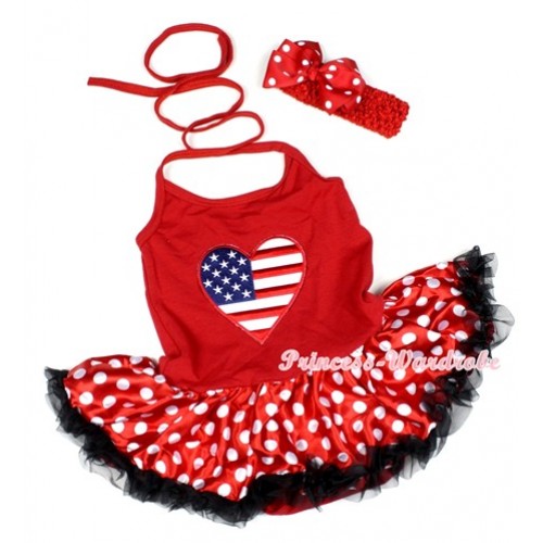 Hot Red Baby Halter Jumpsuit Minnie Polka Dots Pettiskirt With Patriotic American Heart Print With Red Headband Red White Polka Dots Ribbon Bow JS1183 