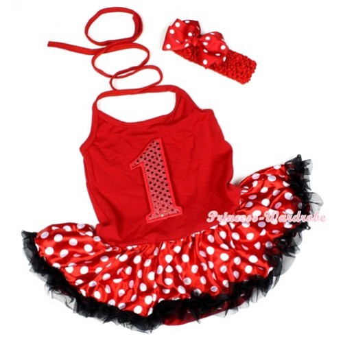 Hot Red Baby Halter Jumpsuit Minnie Polka Dots Pettiskirt With 1st Sparkle Red Birthday Number Print With Red Headband Red White Polka Dots Ribbon Bow JS1187 