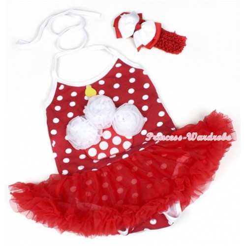 Minnie Polka Dots Baby Halter Jumpsuit Red Pettiskirt With White Rosettes Minnie Dots Birthday Cake Print With Red Headband White Red Ribbon Bow JS1188 