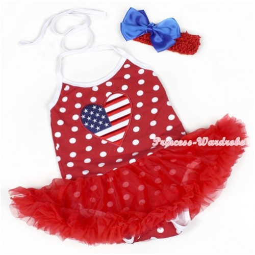 Minnie Polka Dots Baby Halter Jumpsuit Red Pettiskirt With Patriotic American Heart Print With Red Headband Royal Blue Silk Bow JS1201 