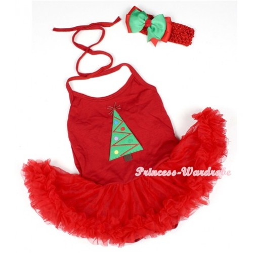 Hot Red Baby Halter Jumpsuit Red Pettiskirt With Christmas Tree Print With Red Headband Green Red Ribbon Bow JS1206 