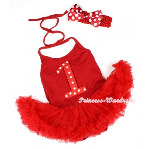 Hot Red Baby Halter Jumpsuit Red Pettiskirt With 1st Red White Polka Dots Birthday Number Print With Red Headband Minnie Dots Satin Bow JS1208 