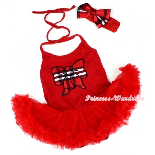 Hot Red Baby Halter Jumpsuit Red Pettiskirt With Red Black Checked Butterfly Print With Red Headband Red Black Checked Satin Bow JS1212 