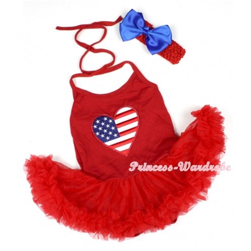 Hot Red Baby Halter Jumpsuit Red Pettiskirt With Patriotic American Heart Print With Red Headband Royal Blue Silk Bow JS1214 