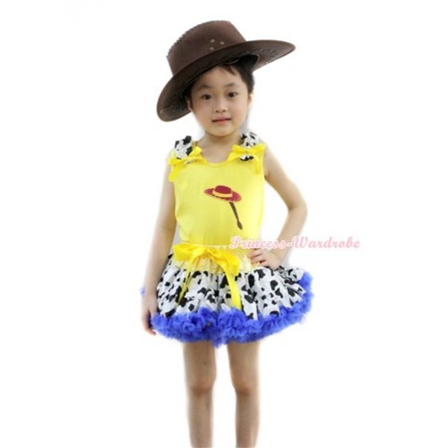 Yellow Tank Top with Cowgirl Hat Braid Print with Milk Cow Ruffles & Yellow Bow& Yellow Royal Blue Milk Cow Pettiskirt With Brown Leather Cowboy Hat M526 