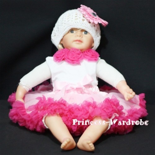 White Baby Pettitop & Hot Pink Rosettes with Light Pink and Hot Pink Newborn Pettiskirt NG36 