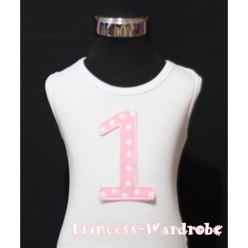 1st Birthday White Tank Top with Light Pink White Polka Dots Print number TM33 